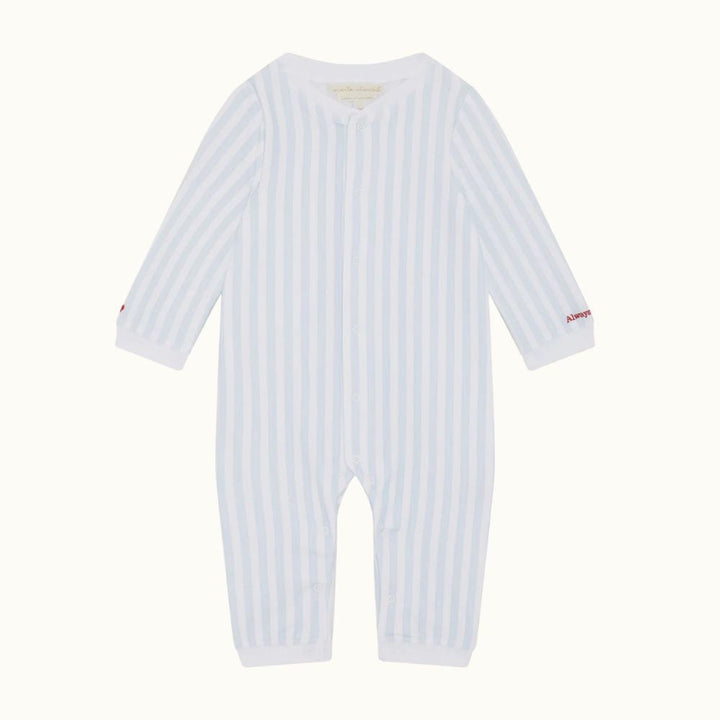 blue and white striped baby romper in organic cotton with embroidered cuff 'always forever'