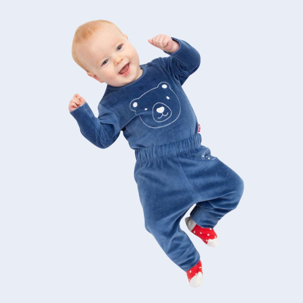 velour blue baby set includes leggings and bodysuit with teddy face in white