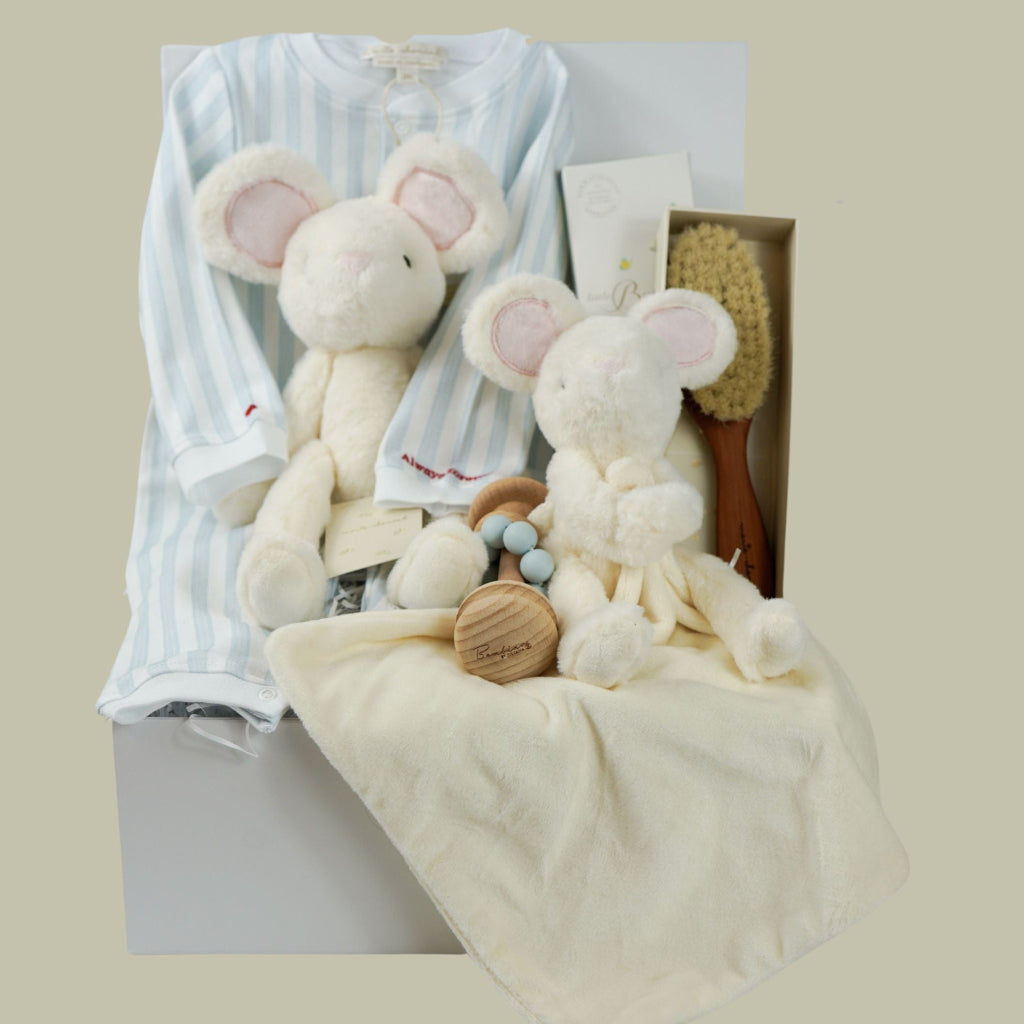 luxury baby gift hamper, luxury striped baby romper with embroidery on the cuffs, luxury pear wood hair brush, White mouse soft toy and matching comforter , wooden rattle