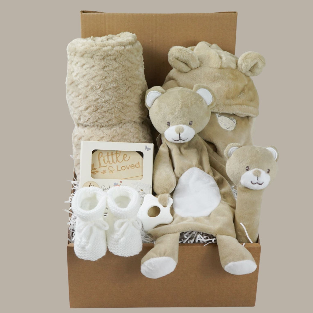 Baby gift set with teddy bears, blanket, wooden  milestone discs and booties in a box 