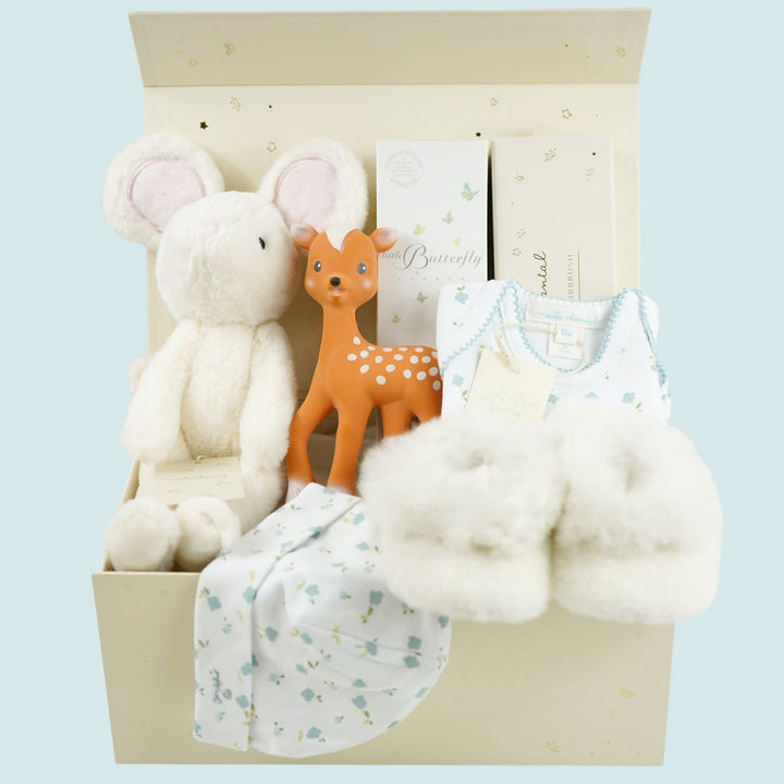 Luxury Newborn Baby Boy Gift Box, Marie-Chantal Idy Mouse, Luxury Hairbrush And Baby Clothing