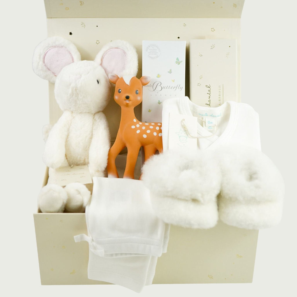 luxury baby gift hamper in cream box with tie, soft mouse cuddly toy, fanfan deer teething toy, organic toiletries , luxury hairbrush in a box, luxury prima cotton baby 2 piece cream clothing set, alpaca slippers 