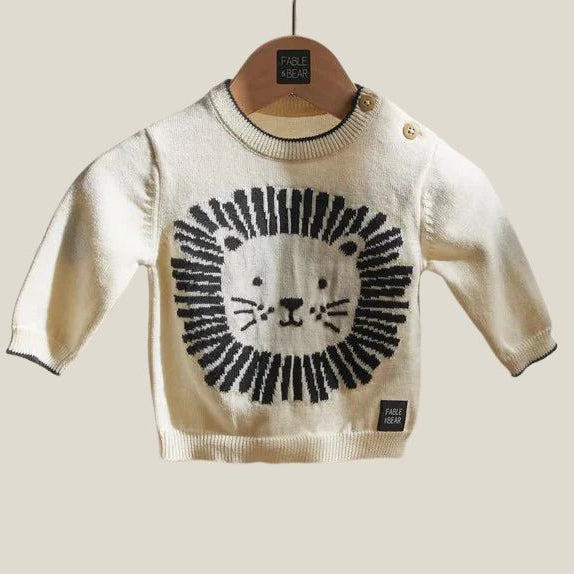 cream and black organic cotton baby jumper with a black anilmal face 