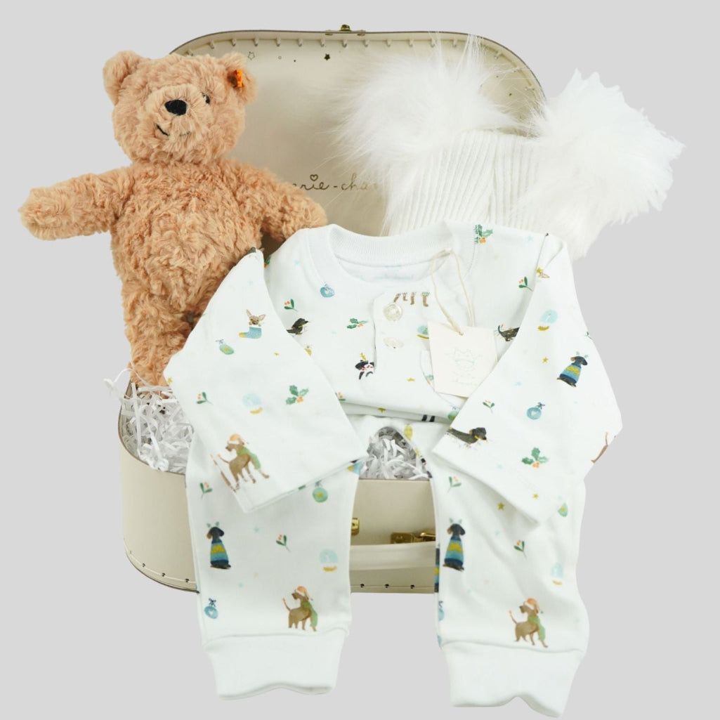Luxury baby Christmas gift with organic Christmas  pyjamas , steiff teddy and soft knit pompom hat in Marie-Chantal keepsake case 