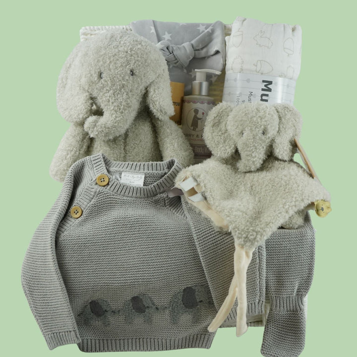Grey Elephant Neutral Baby Hamper, Nattou Elephant And Comforter, Baby Knitted Set