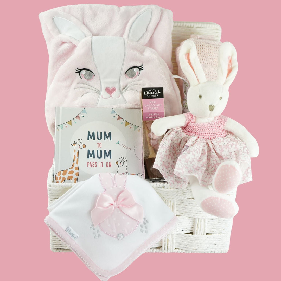 Pink Bunny Baby Gift Hamper Basket With Bunny  And Cuddle Wrap