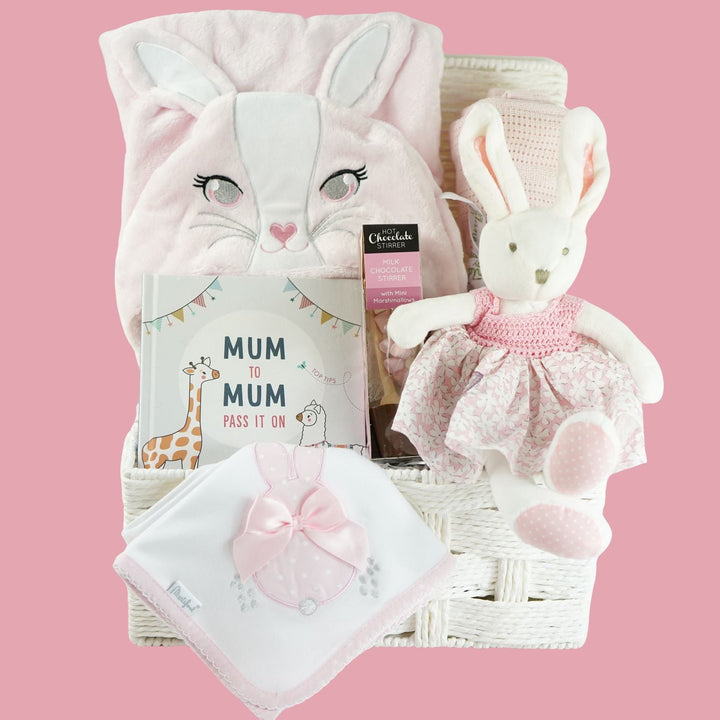 Pink Bunny Baby Gift Hamper Basket With Bunny  And Cuddle Wrap