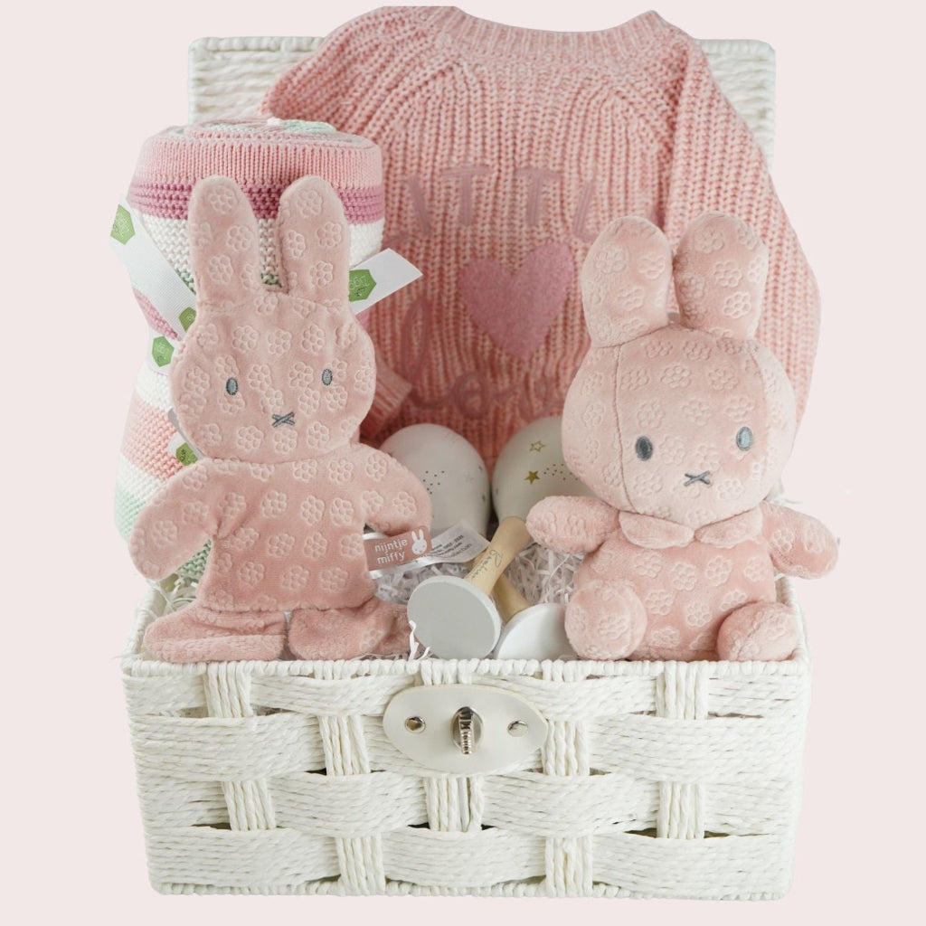 pink miffy themed baby girl hamper basket with cute cardigan with embroidery and soft blanket