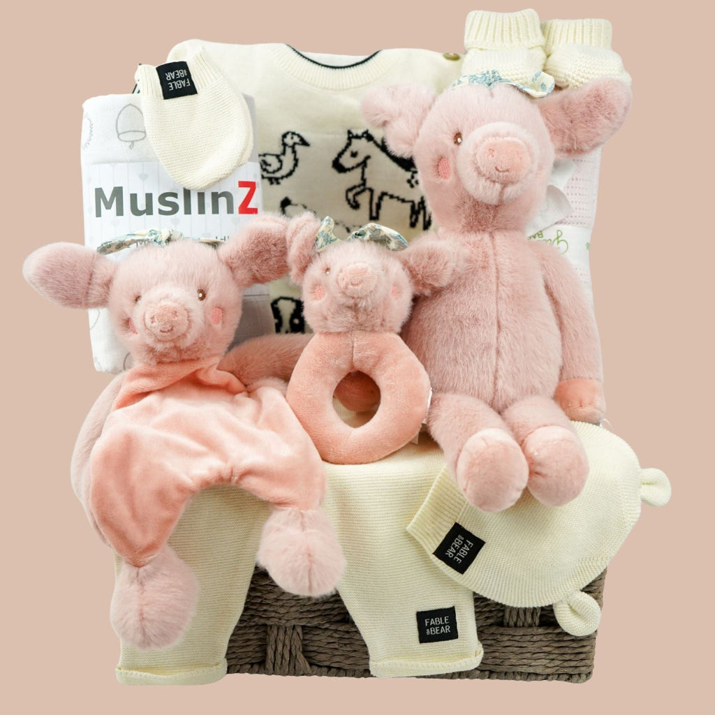Luxury baby hamper with cream organic baby clothing set farmyard theme, pink pig soft toy, comforter and rattle, baby swaddles 