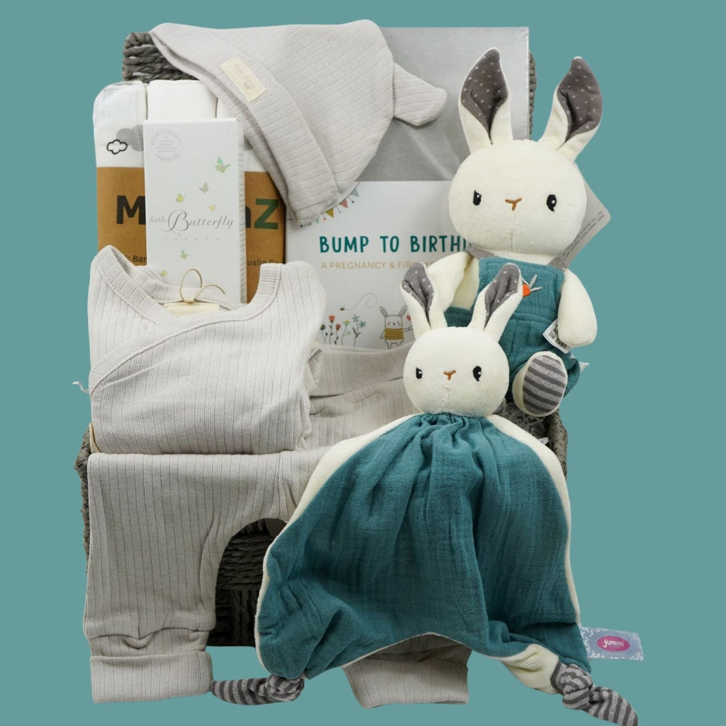 organic baby hamper with beige baby clothing set, organic muslins, soft bunny organic toy and matching comforter , organic baby toiletries, bump to birthday baby journal
