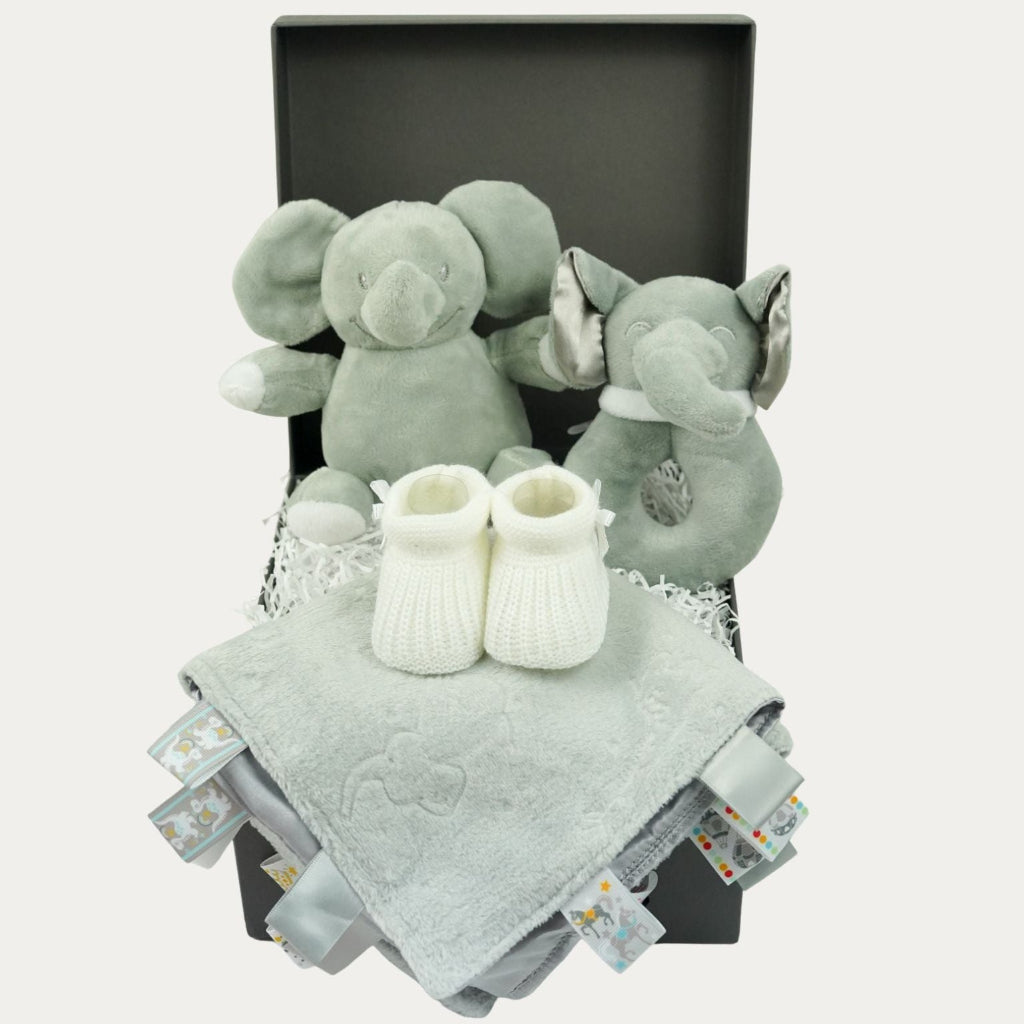 grey elephant hamper box for baby with comforter , elephant soft toy and rattle