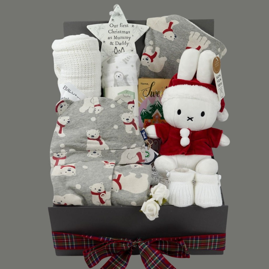 Baby christmnas hamper, grey baby organic cotton sleepsuit with polar bears, matching hat and bib with polar bears, white cotton cellular blanket, baby muslin with polar bears, Miffy Santa soft toy, Luxury chocolate 