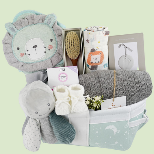 Nappy Caddy Baby Gift Hamper, Marie-Chantal Baby Hairbrush, Nattou Lapidou Octopus Toy, Baby Muslin Swaddle, Baby  Grey Cellular Blanket