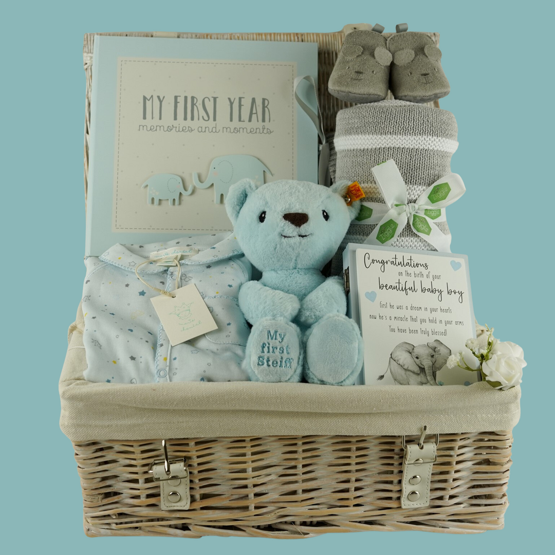 Baby Boy Gift, Luxury Baby Boy Hamper Basket, Marie-Chantal Star & Crown Sleepsuit, Steiff First Teddy, Corporate Baby Hamper