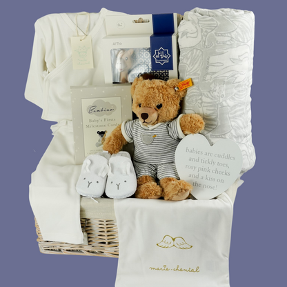Neutral Baby Gift Hamper Basket, Steiff Teddy Bear, Marie-Chantal Baby Clothing Set, Al'Thir Camel By Sophie Le Giraffe, Aiden And Anais Dream Blanket.