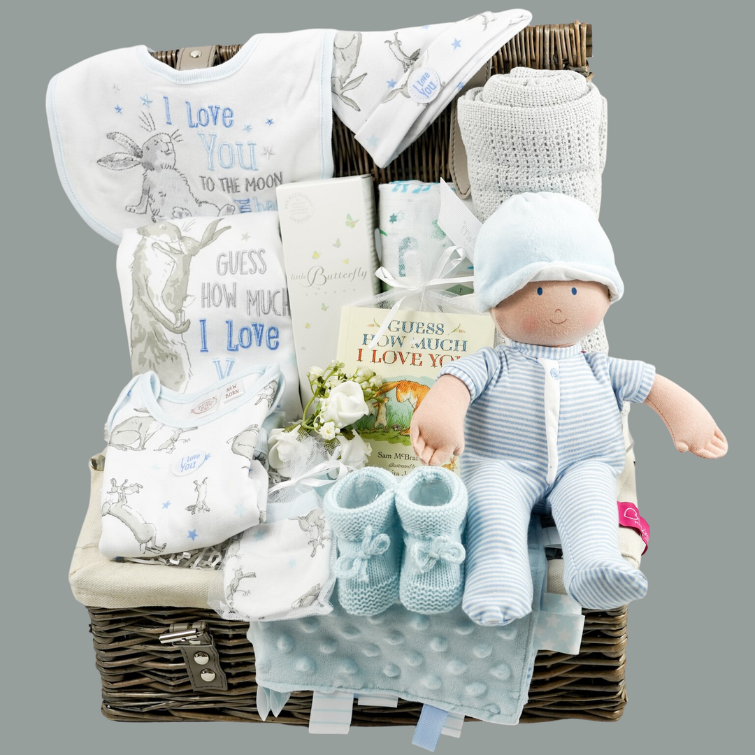 baby boy hamper basket, Guess How Much I love You Baby Boy clothing set, baby boy soft rag doll, baby toiletries