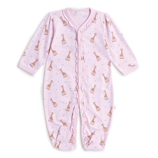 Pink prima cotton baby sleepsuit with Sophie La Girafe design and a frill