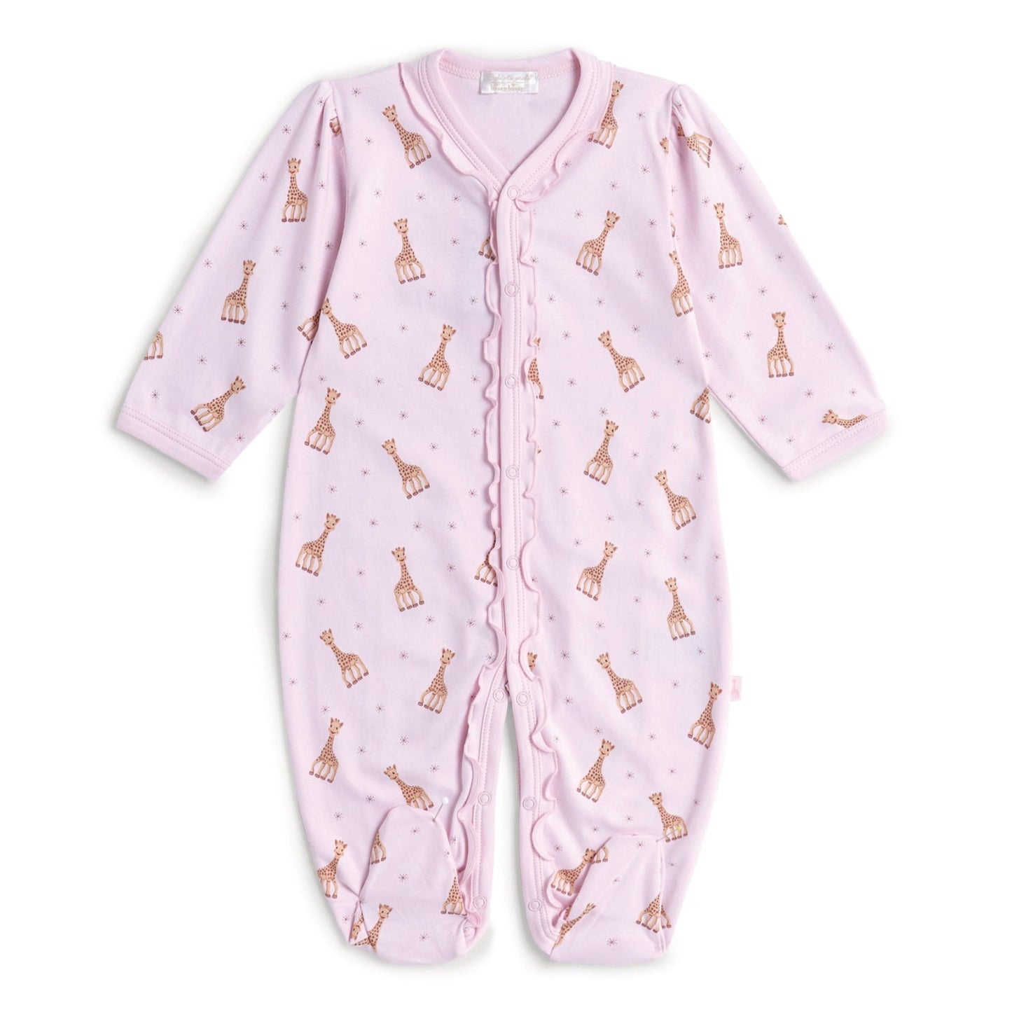 Pink prima cotton baby sleepsuit with Sophie La Girafe design and a frill