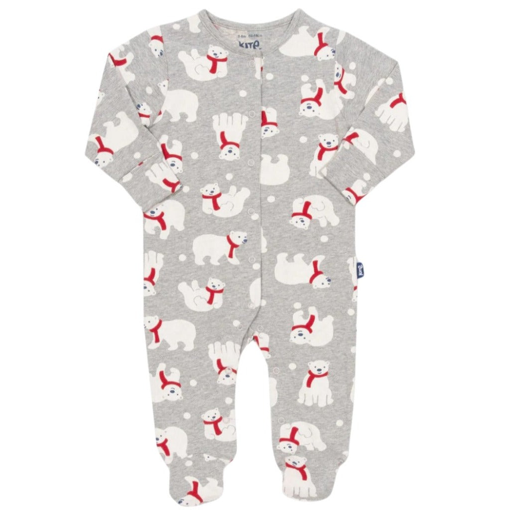 Grey Organic baby sleepsuit with white polar bears wearing red scarf
