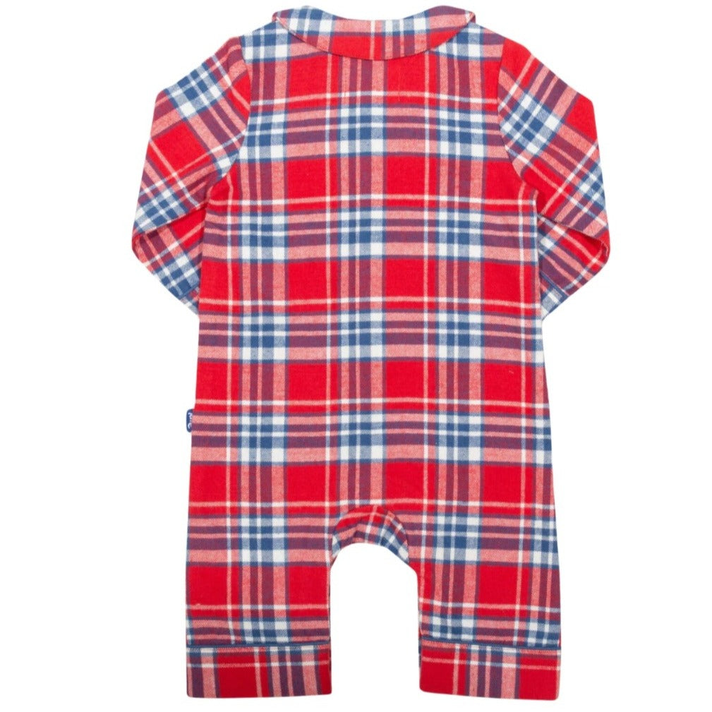 baby navy and red check romper in organic cotton