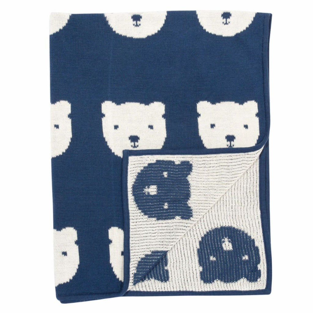 navy organic baby blanket with white teddy faces 