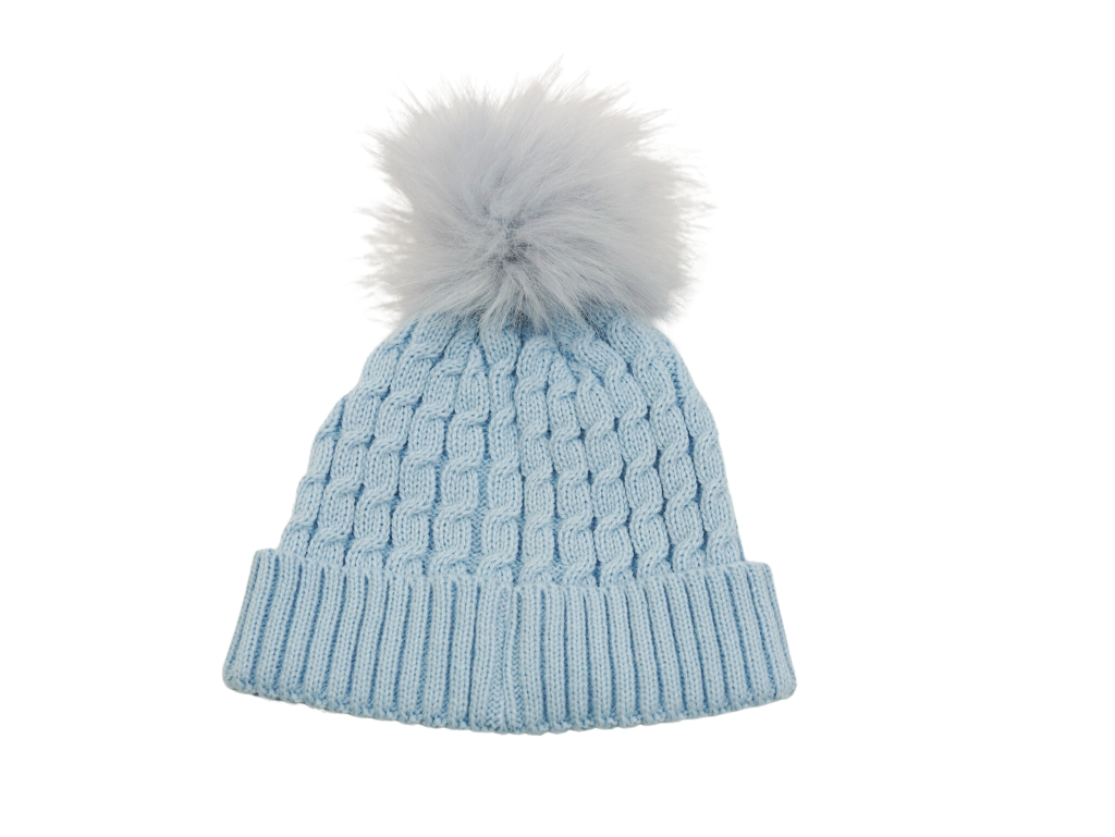 Blue fluffy single pom pom hat for baby