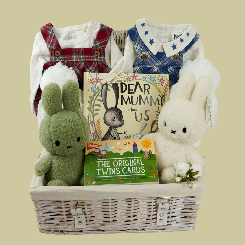 twin baby gift hamper with red plaid baby romper with white bodysuit, blue plaid baby romper with romper with collar and star emroidered collar, green recycled m,iffy rabbit, cream recycled miffy, twin photo cards milestones