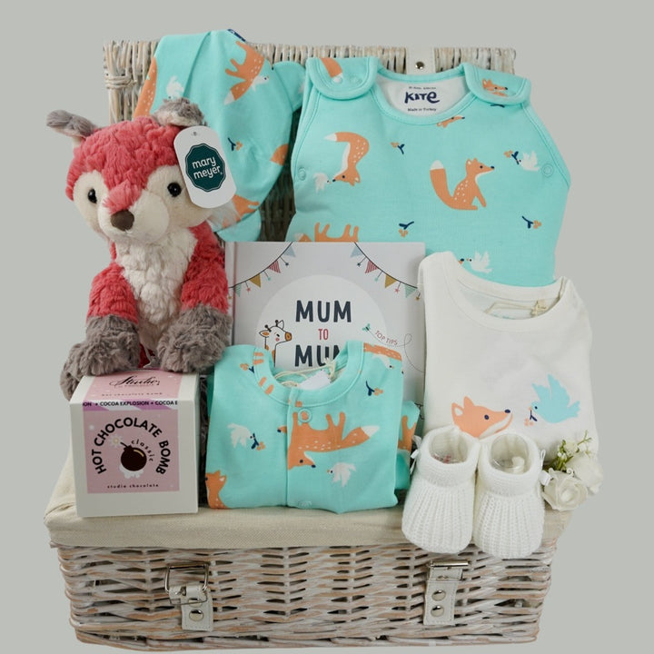 Organic Baby Hamper Basket And New Mum Gift, Corporate Baby Hamper, Fox And Dove Organic Clothing, Baby Sleep Bag, Fox Soft Toy