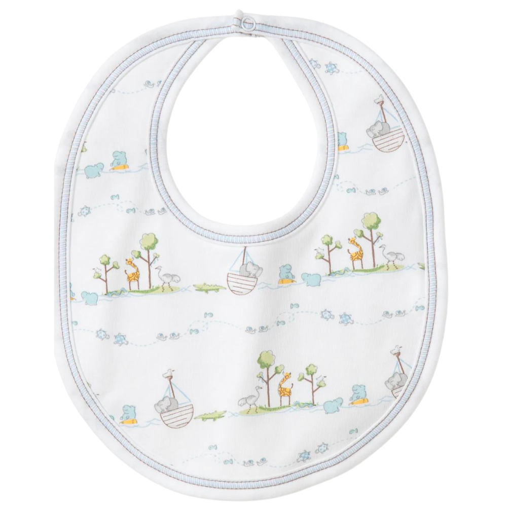 White prima cotton bib with blue accents, Noah's ark and animals