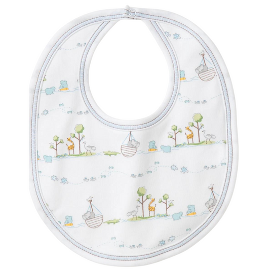 White prima cotton bib with blue accents, Noah's ark and animals