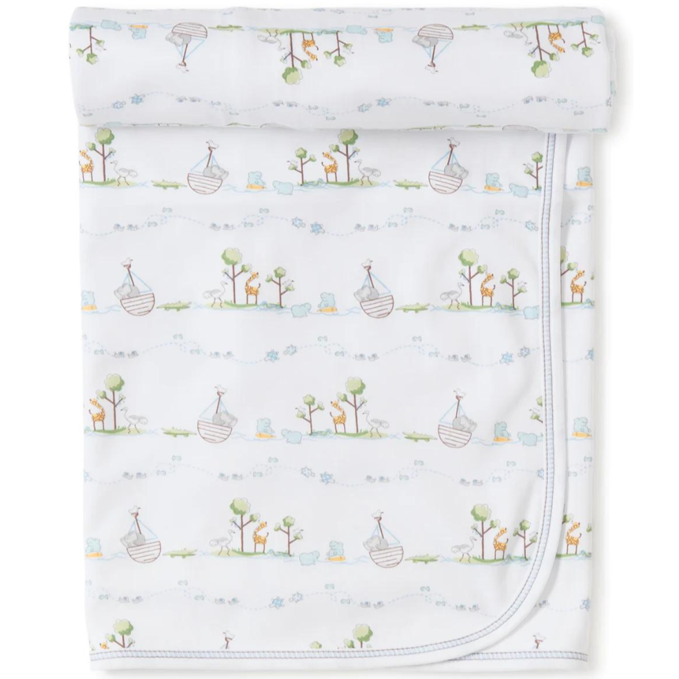 White cotton baby blanket with Blue Noah's ark and baby animals 