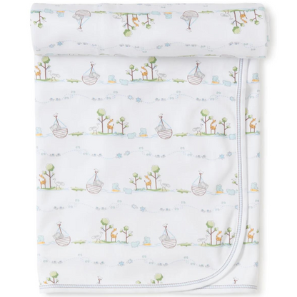 White cotton baby blanket with Blue Noah's ark and baby animals 