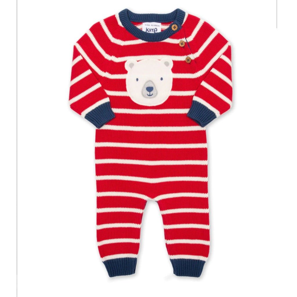 organic baby romper in red, white and blue with white teddy face 