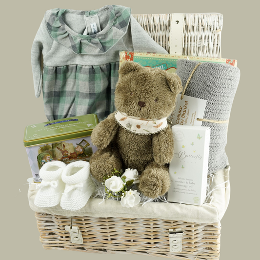 Baby Girl Hamper, Spanish Baby Girl Outfit, Baby Teddy Bear, Little Butterfly London Toiletries, Baby Blanket, New Mum Tea Gift