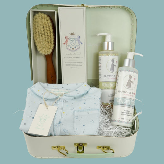 Luxury baby boy sleepsuit with hearts and stars  in prima cotton, luxury boxed baby hairbrush , organic baby toiletries 