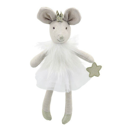 Mouse soft toy with a organza dress in white , fairy wings, crown and wand