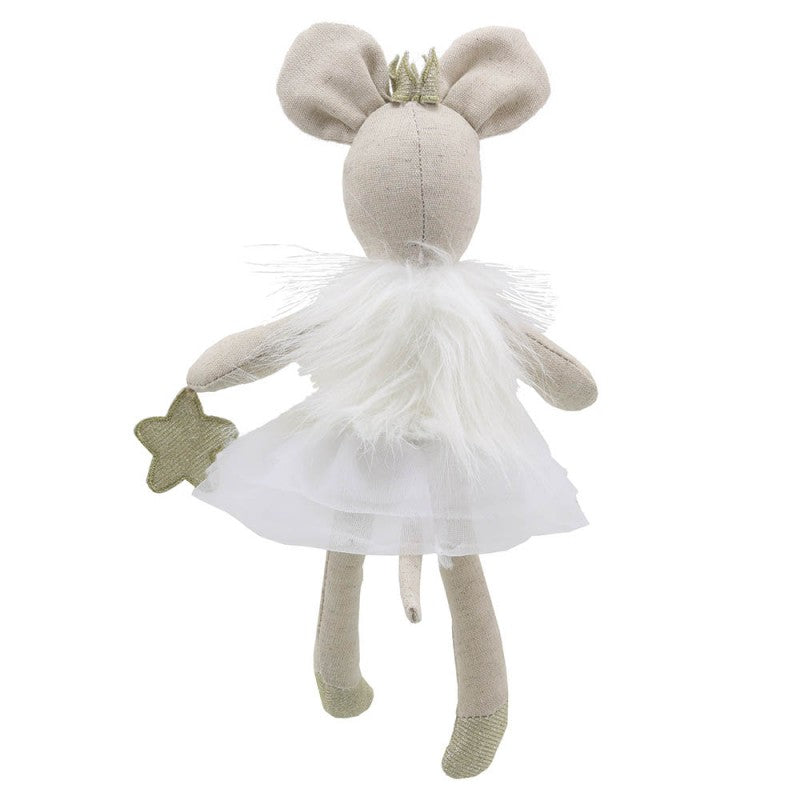 Mouse soft toy with a organza dress in white , fairy wings, crown and wand