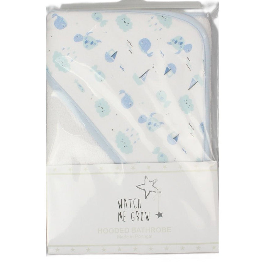 white hooded baby towel with blue dolphins