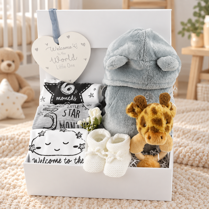 Luxury Neutral Baby Milestone Hamper with Personalised Dressing Gown