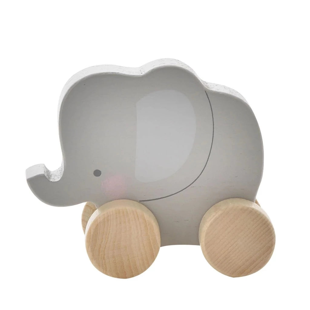 wooden toy on wheels, rabbit , teddy and grey elephant