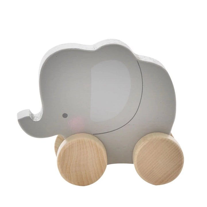 wooden toy on wheels, rabbit , teddy and grey elephant