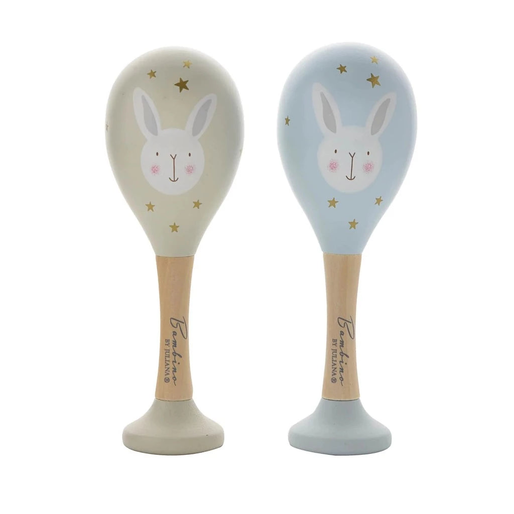 Wooden maracas in blue and grey with rabbits