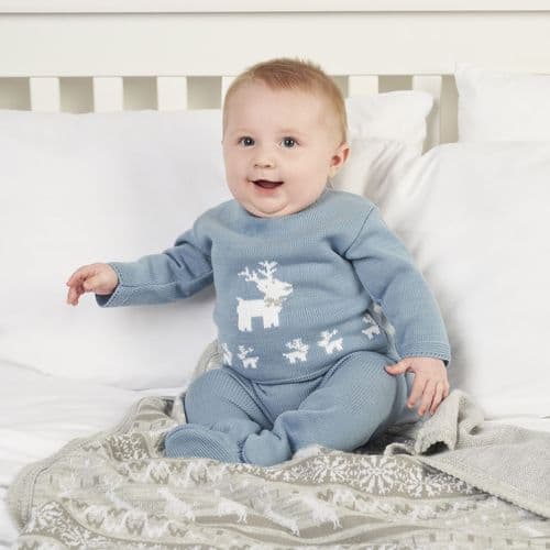 baby boy knit outfit in blue with white reindeers