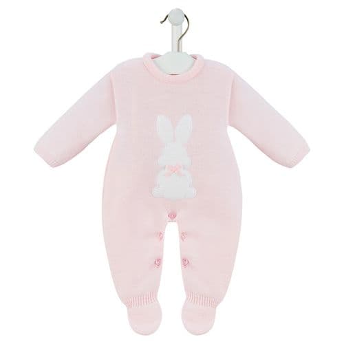 pink knit baby romper with white bunny with a bow