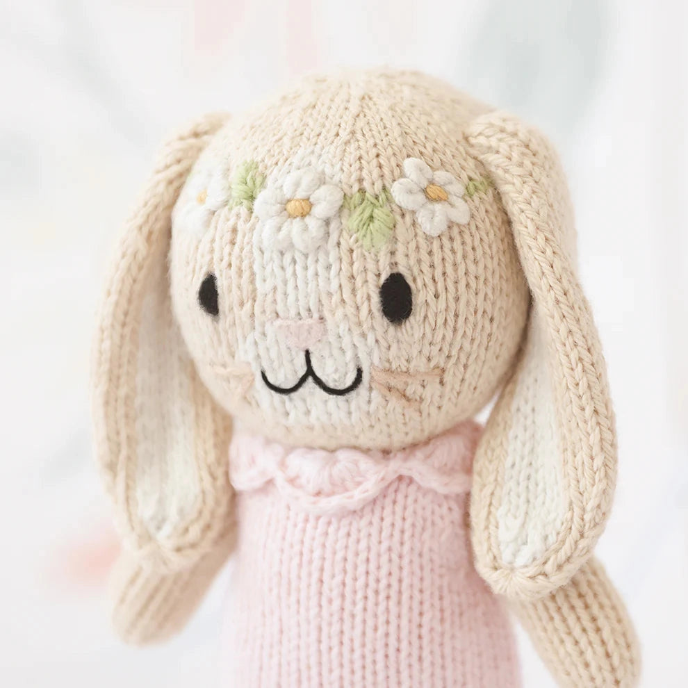 heirloom knitted bunny in a pink dress with daisy head band by Cuddle + Kind