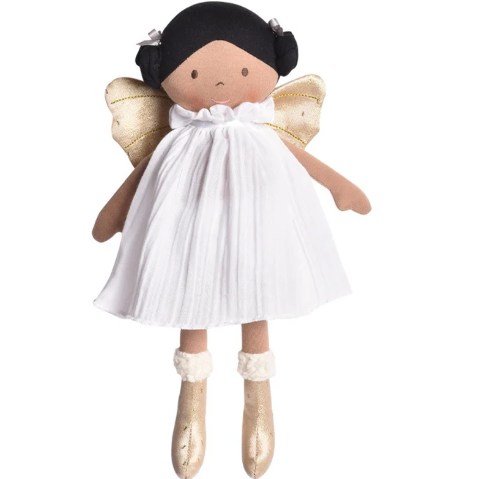 white angel rag doll with gold wings, white dress and brown hair