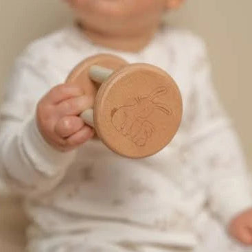 wooden roller rattle with etched bunny design