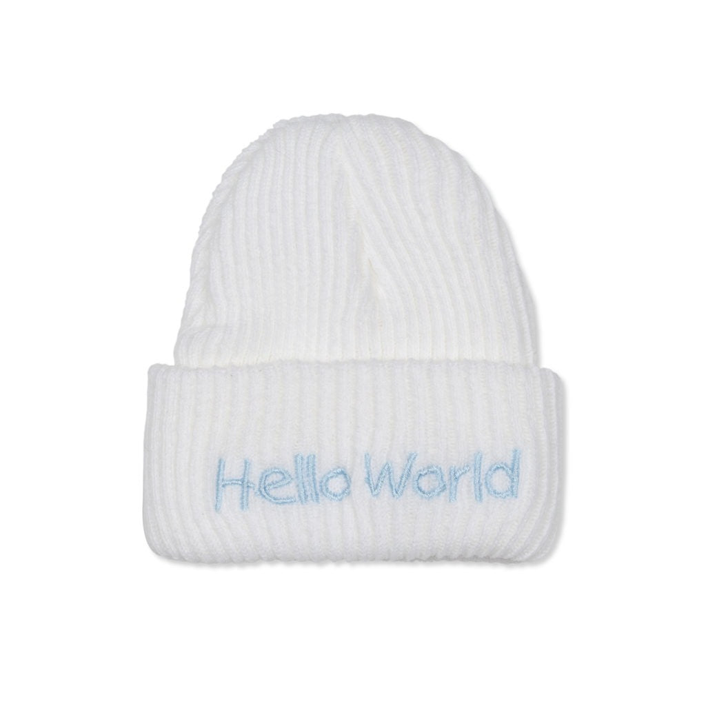 white baby boy beanie with 'hello world' embroidery in blue