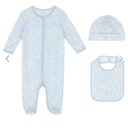 Ralph Lauren boxed baby set with blue and white paisley print sleepsuit, matching bib and hat set