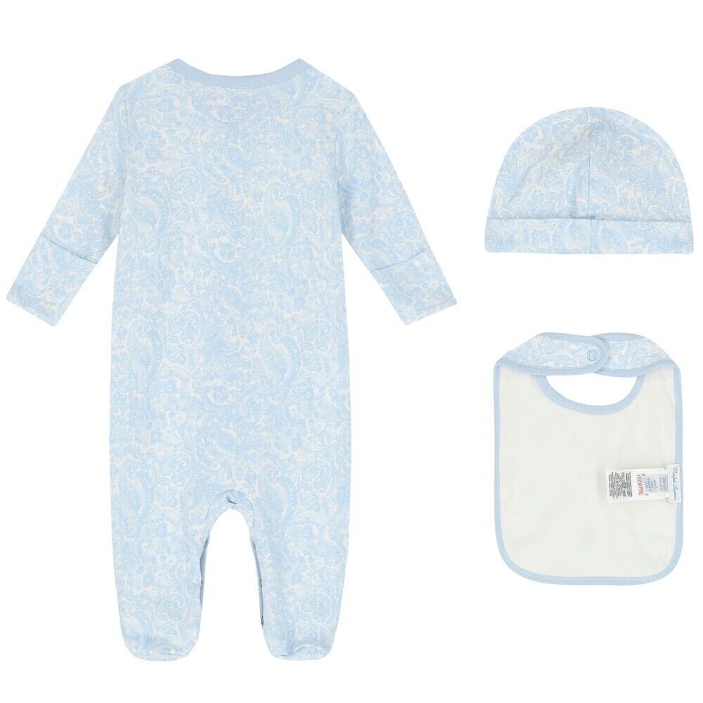 Ralph Lauren boxed baby set with blue and white paisley print sleepsuit, matching bib and hat set